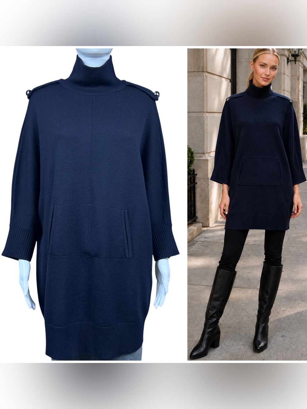 Tory Burch Merino Wool Turtleneck Tunic Sweater Dress L Dolman Sleeve Pocket
